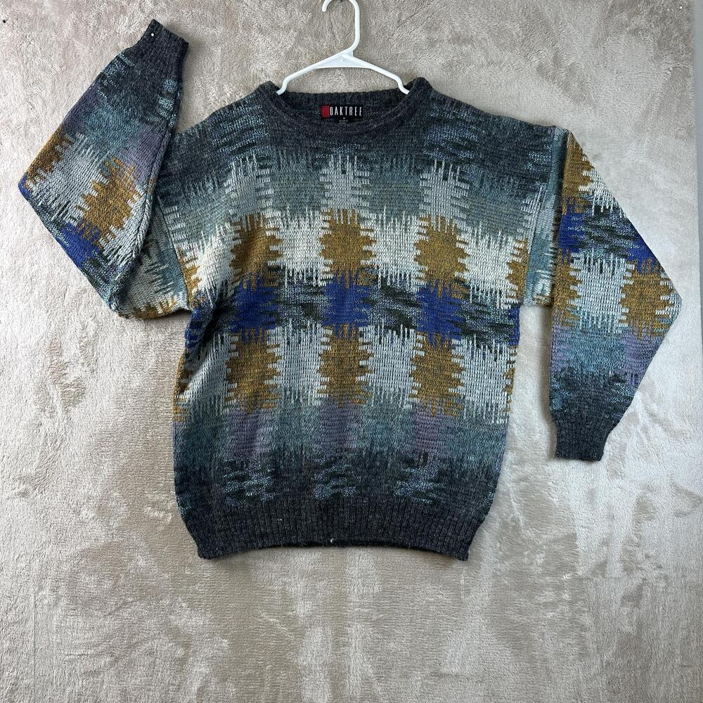 Vintage Oaktree Sweater Mens Medium Gray Geometric Crew Neck Knit Pullover 90s